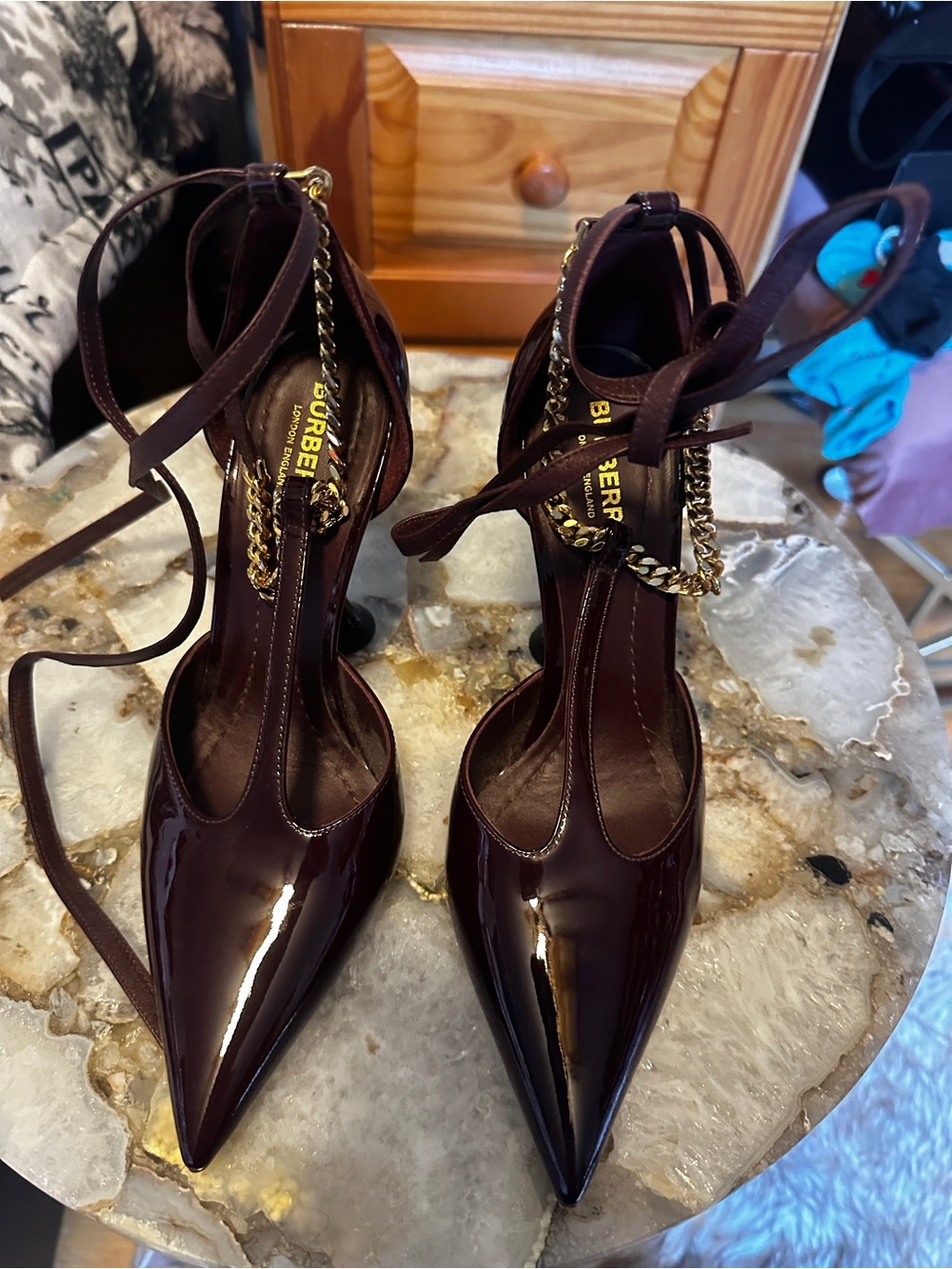Burberry Patent Pointed-Toe Ankle-Strap Pumps in Dark Burgundy